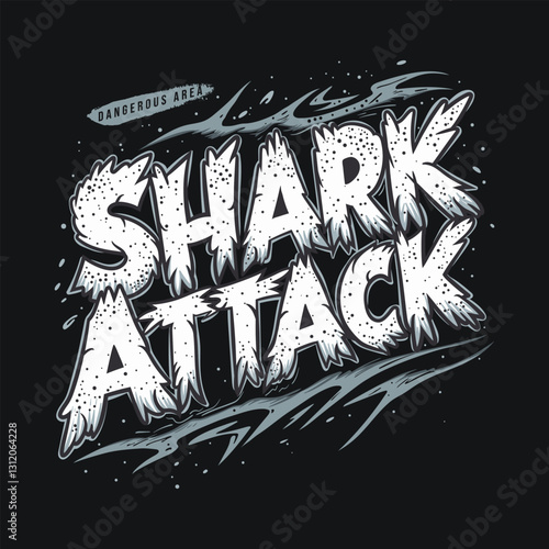 SHARK ATTACK graphic in a bold, distressed font with dynamic wave-like elements and splatter effects on a dark background