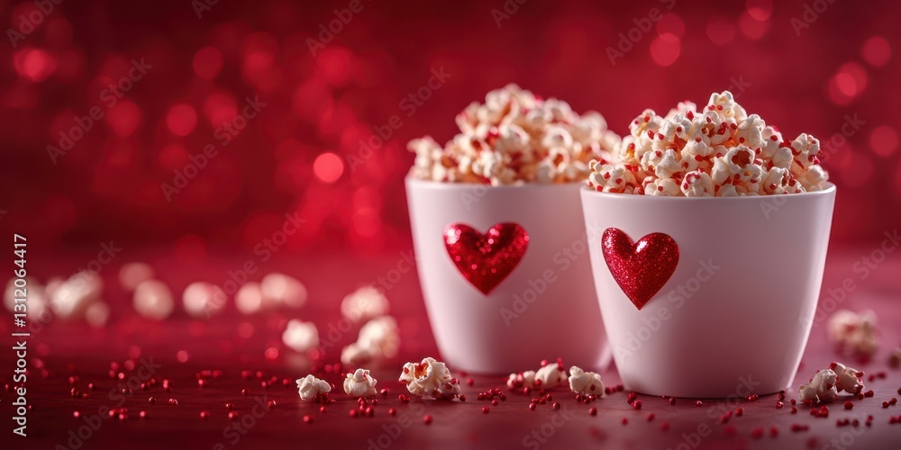 Popcorn in festive cups with hearts against a sparkling red background perfect for celebrations Popcorn in festive cups with hearts against a sparkling red background perfect for celebrations