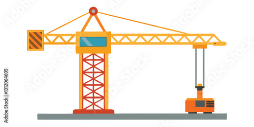Illustration of a large yellow construction crane with an orange hoist