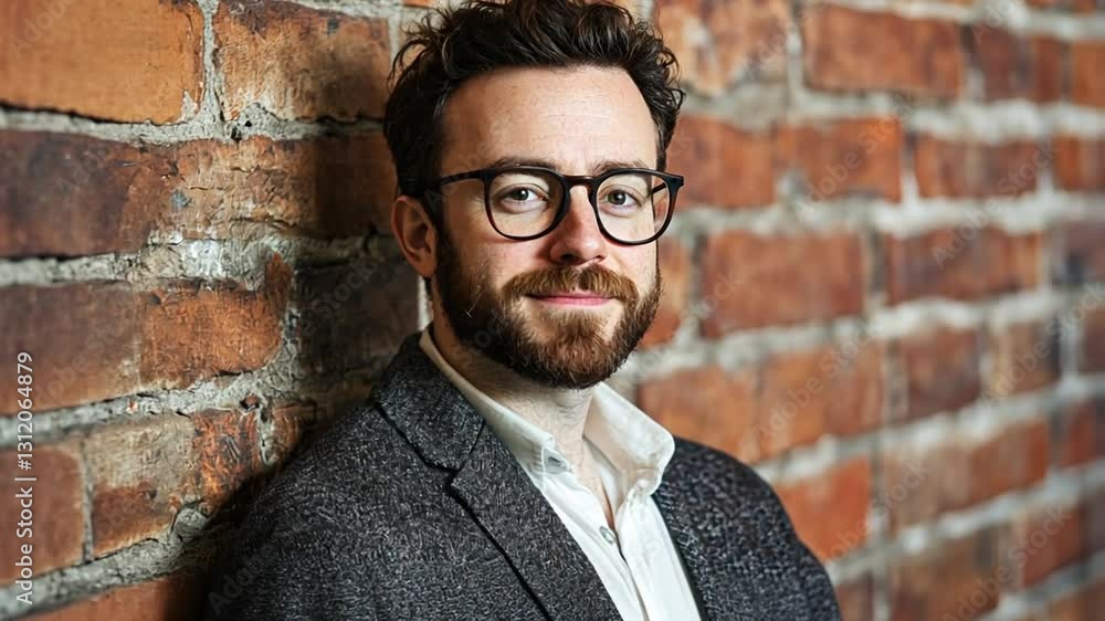 Portrait of a Man with Beard and Glasses Against Brick Wall Portrait of a Man with Beard and Glasses Against Brick Wall