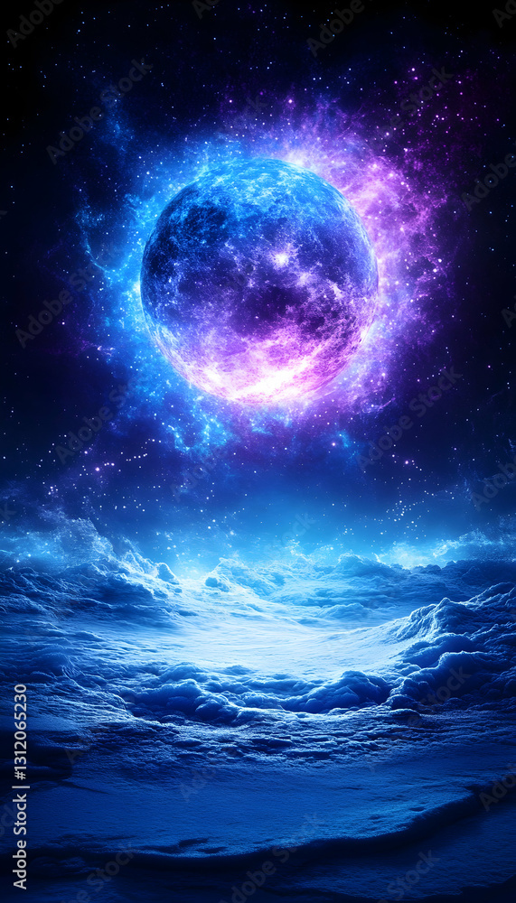 Fototapeta premium A glowing orb in a starry night sky with clouds in the foreground