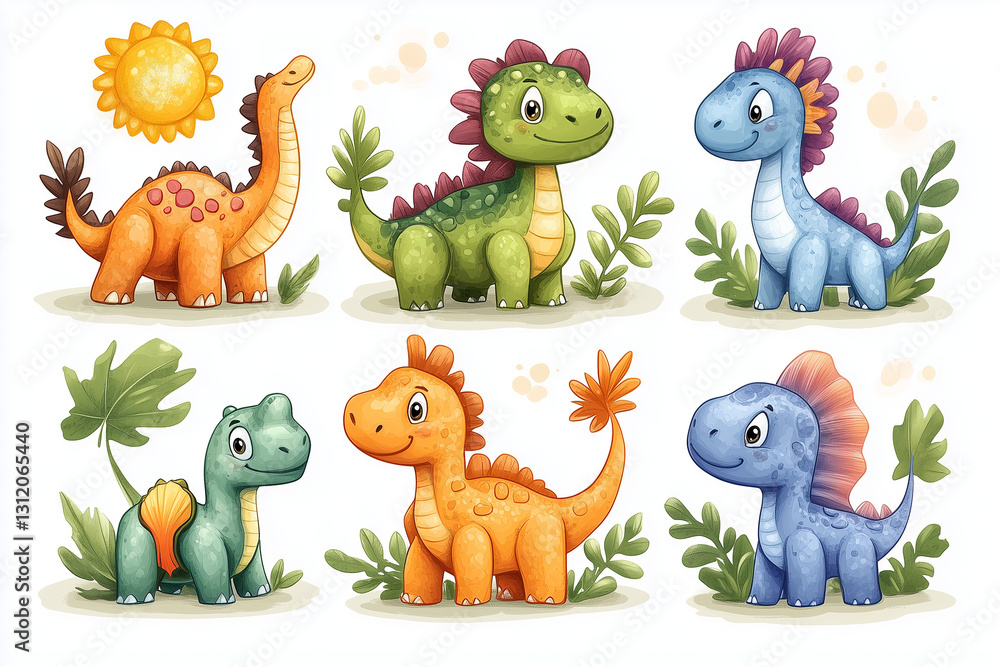Naklejka premium Cute cartoon dinosaurs in vibrant colors surrounded by playful plants and sunshine