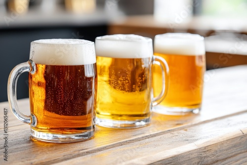 Three glasses of beer with frothy tops on a wooden bar counter