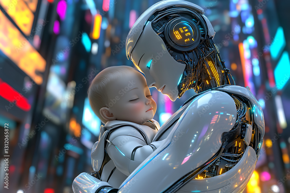 A futuristic and emotional scene of a humanoid robot gently holding a robotic baby in a cybernetic cityscape. A futuristic and emotional scene of a humanoid robot gently holding a robotic baby in a cybernetic cityscape.