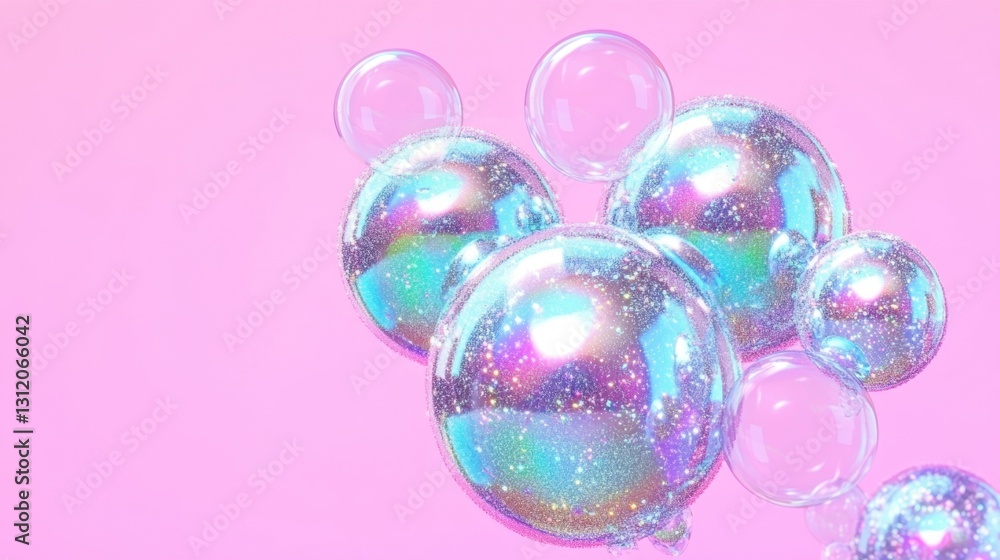 Fototapeta premium Iridescent spheres and transparent bubbles float against a pastel pink background. The spheres shimmer with glitter and light.