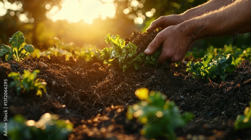 Fototapeta premium Hands Mixing Compost in Garden Under Gentle Sunset Light