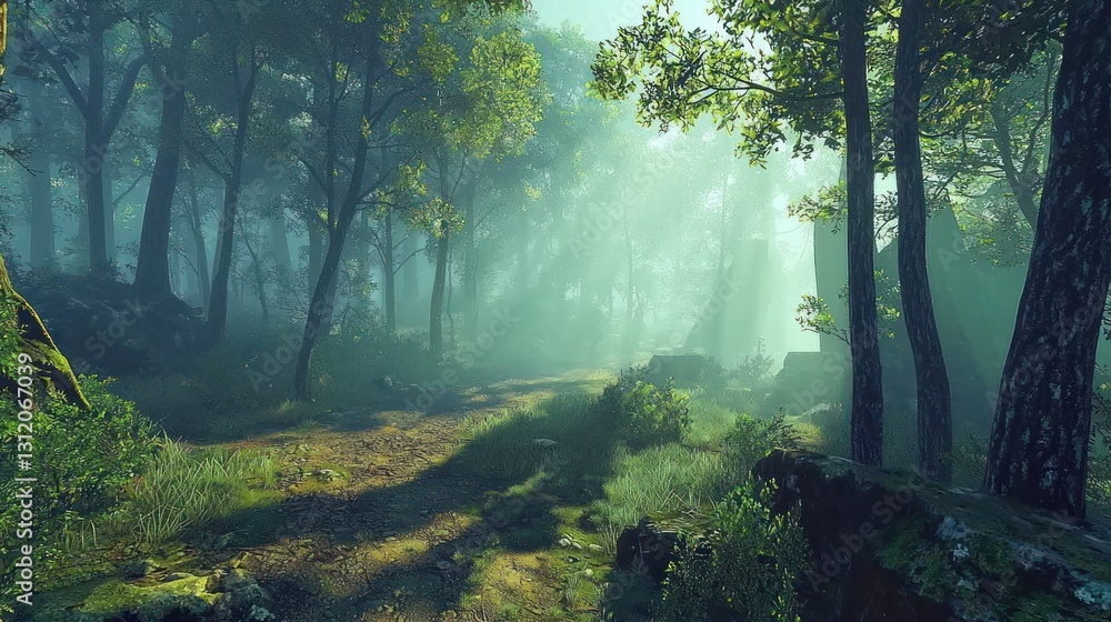 Obraz premium Misty forest path with sunlight.