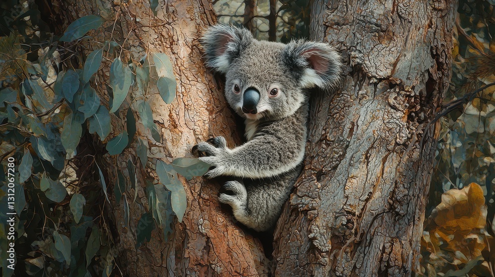 Obraz premium A baby koala clinging to a eucalyptus tree, its tiny paws gripping the bark as it explores its surroundings