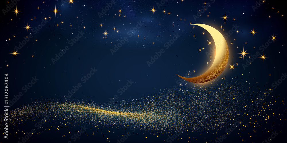 Fototapeta premium A crescent moon shines brightly in a night sky filled with twinkling stars
