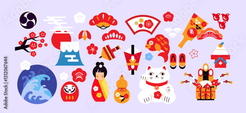 Japanese toys, National lucky sharms, asian fortune symbols, daruma, maneki cat