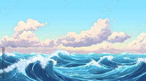 Stylized ocean waves under a cloudy sky