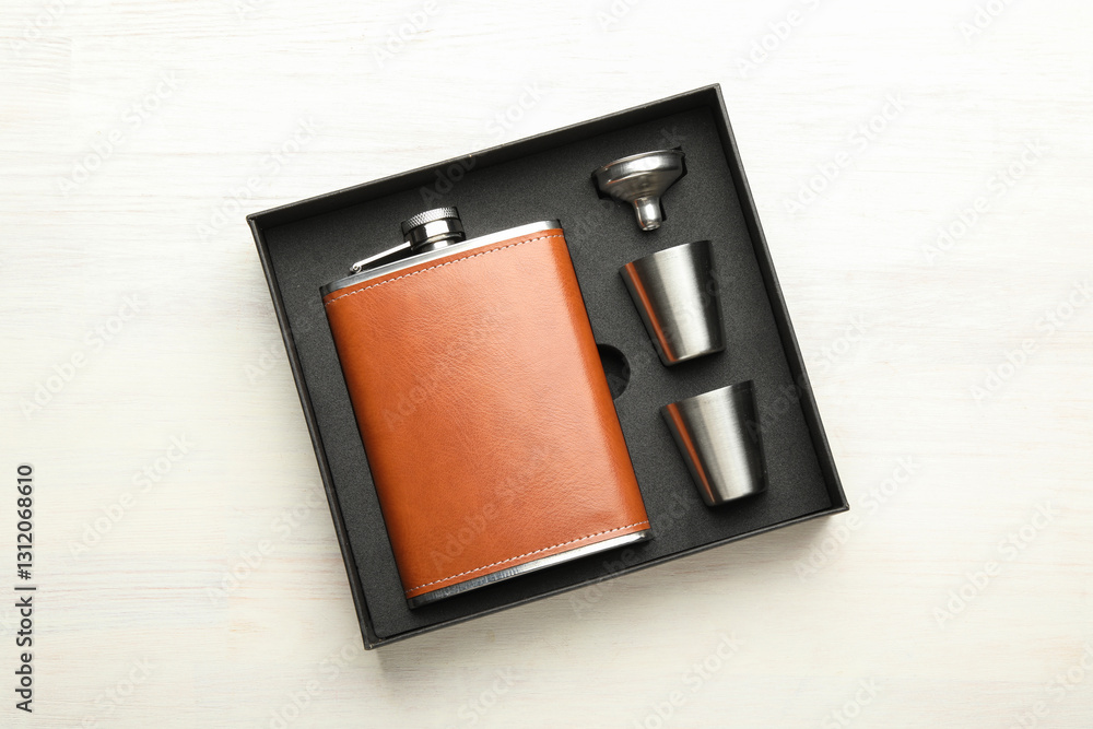 Fototapeta premium Hip flask, cups and funnel in package on light wooden table, top view