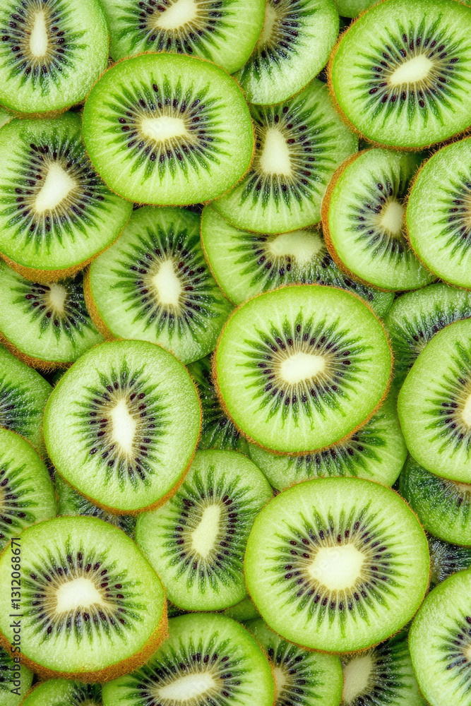 Close-up of fresh sliced kiwi fruit with vivid green and black seeds Close-up of fresh sliced kiwi fruit with vivid green and black seeds