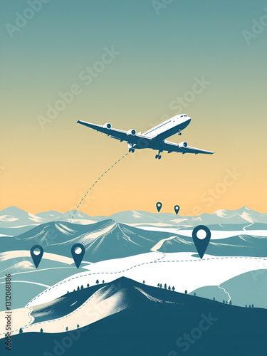 Plane flies over a landscape with map pointers and dashed lines. Motivation or travel concept. Vector illustration