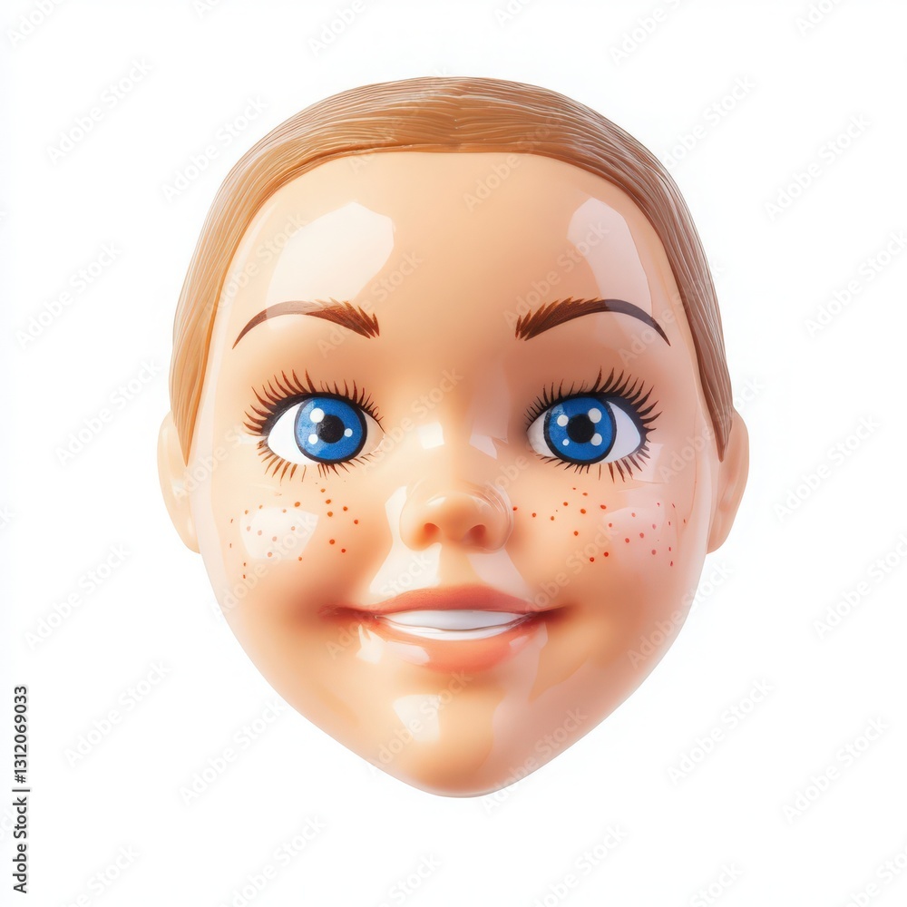 Detailed close up of a doll's face with striking blue eyes and freckles Detailed close up of a doll's face with striking blue eyes and freckles