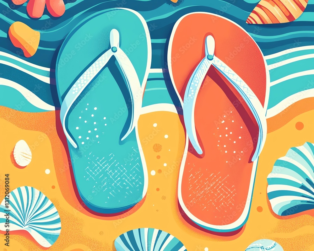 Naklejka premium Colorful flip-flops on a sandy beach.