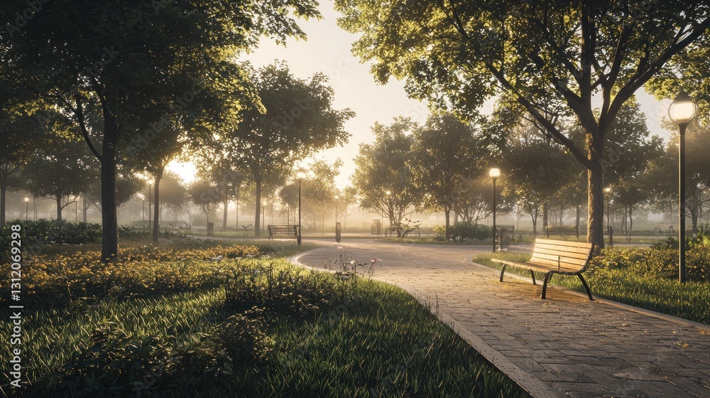 Obraz premium Serene sunrise in a misty park with a bench.