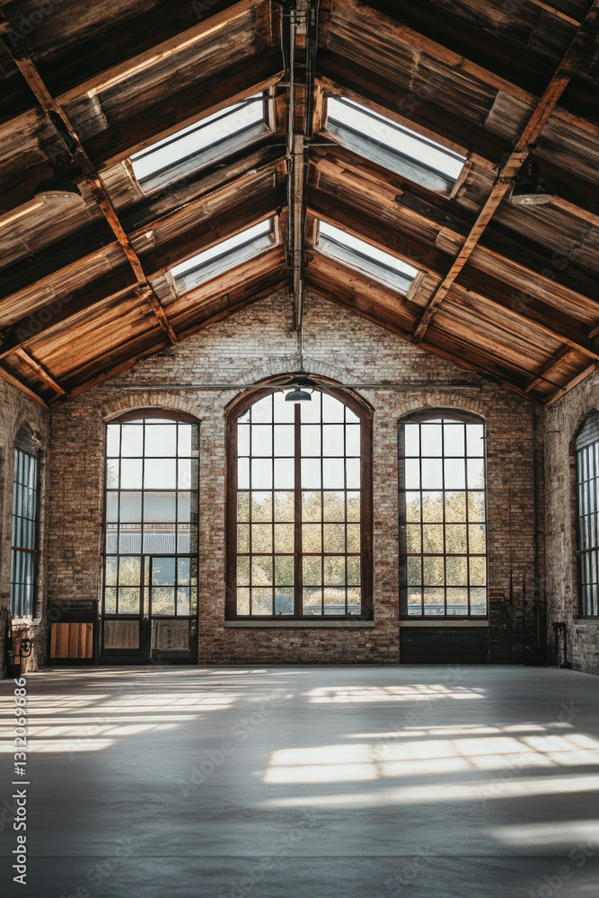 Spacious industrial loft with large windows and wooden ceiling in sunlight Spacious industrial loft with large windows and wooden ceiling in sunlight