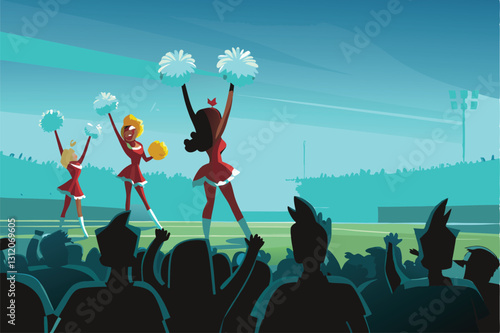 Energetic college cheerleaders perform a spirited routine at a vibrant campus sports rally, showcasing school spirit and athletic pride.