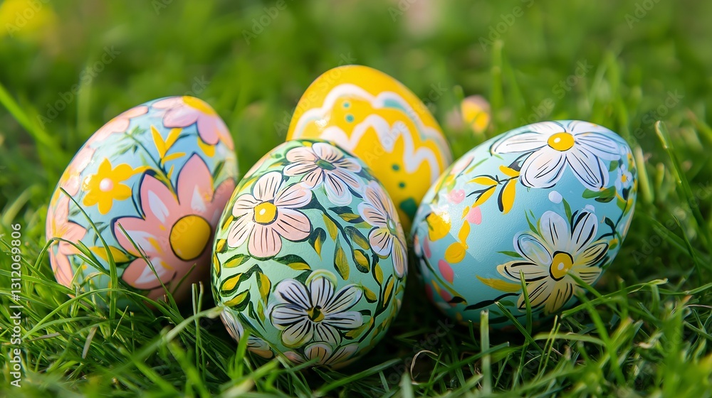 Colorful painted Easter eggs on green grass celebrating springtime festivities. Colorful painted Easter eggs on green grass celebrating springtime festivities.