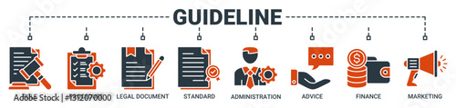 Guideline banner web icon vector illustration concept with icon of rule, procedure, legal document, standard, administration, advice, finance, marketing icons. Solid color vector symbol background.