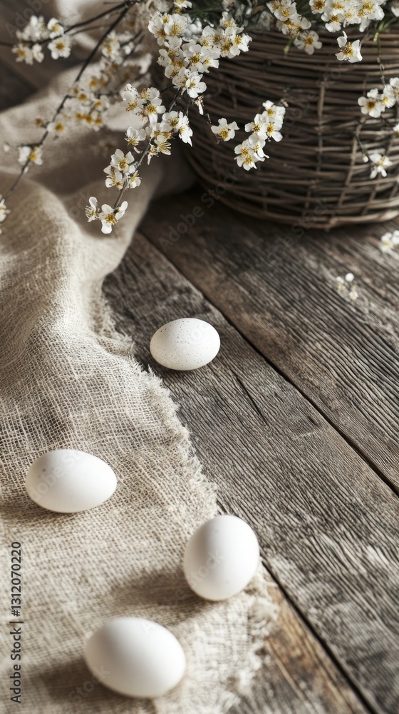 White eggs scattered on rustic wooden table beside woven basket with delicate white flowers and beige fabric creating a cozy Easter scene White eggs scattered on rustic wooden table beside woven basket with delicate white flowers and beige fabric creating a cozy Easter scene