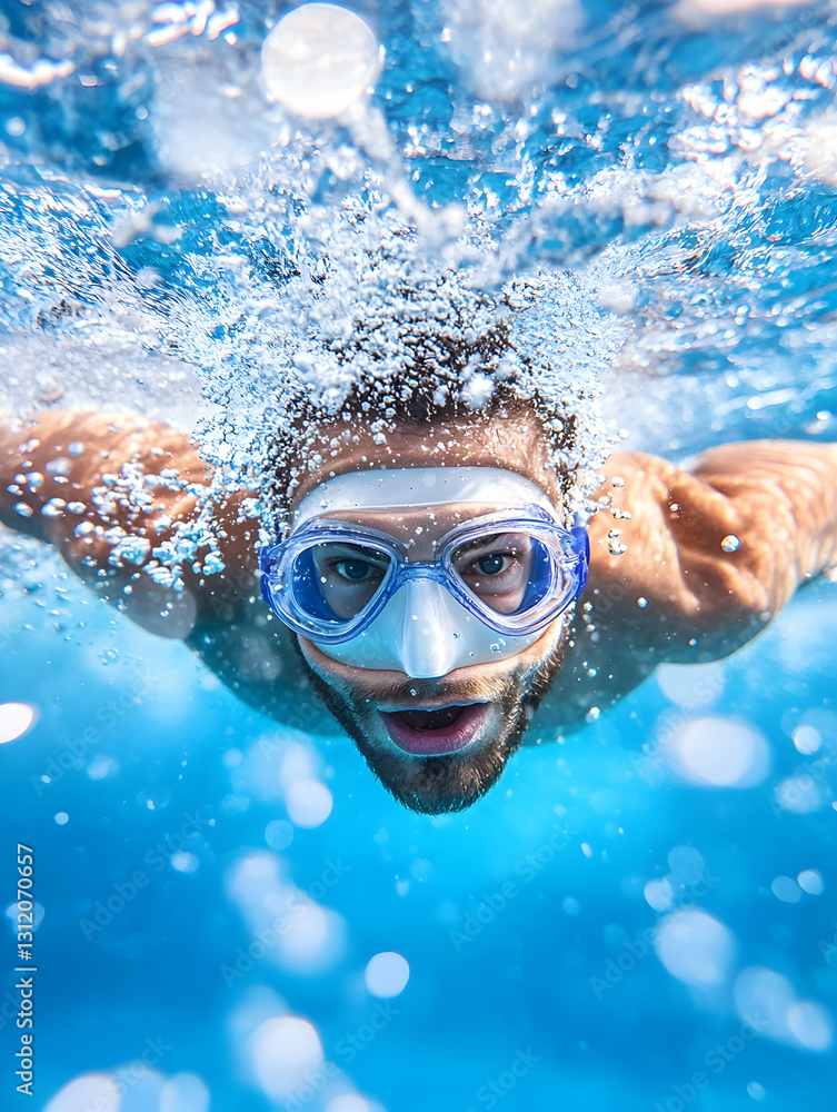 Fototapeta premium A man wearing a diving mask swims underwater, surrounded by bubbles