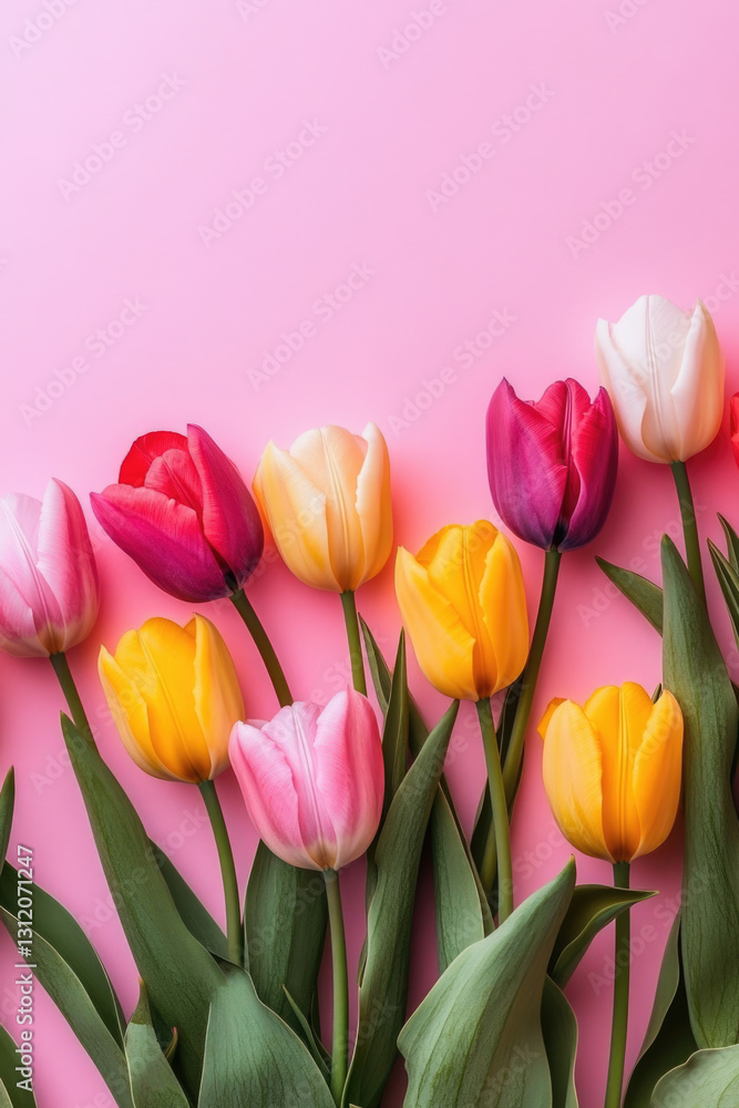 Fototapeta premium Vibrant tulip arrangement on pink background with mixed colors and green leaves