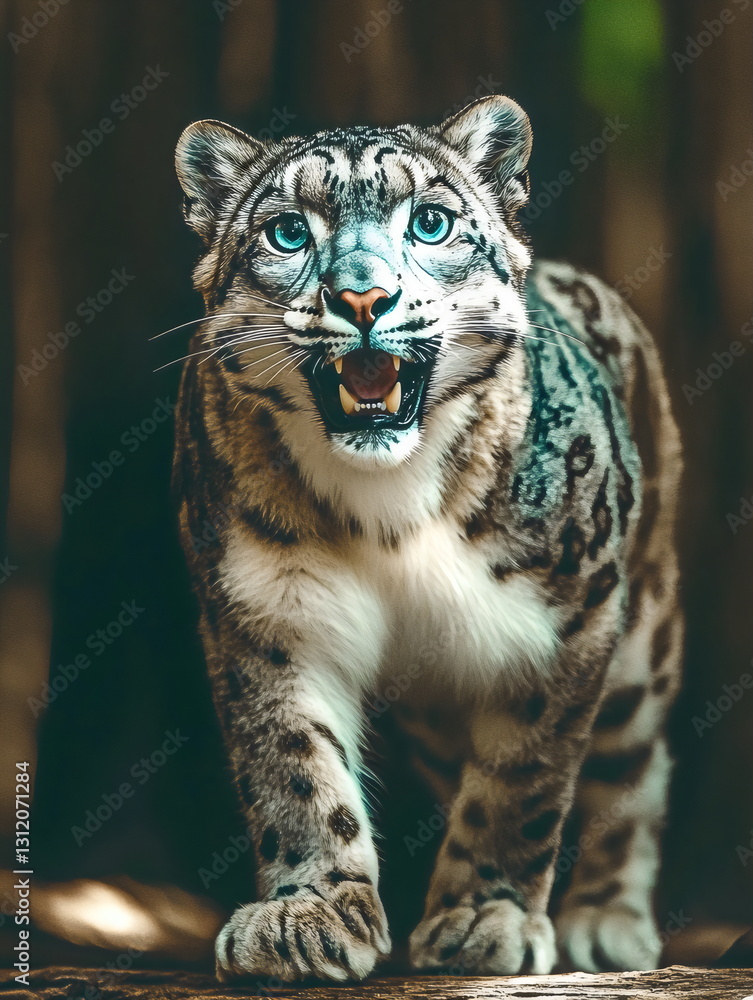 Obraz premium A snow leopard with striking blue eyes walks confidently through a dense forest, displaying its powerful physique. The animal shows its fierce side in a natural setting