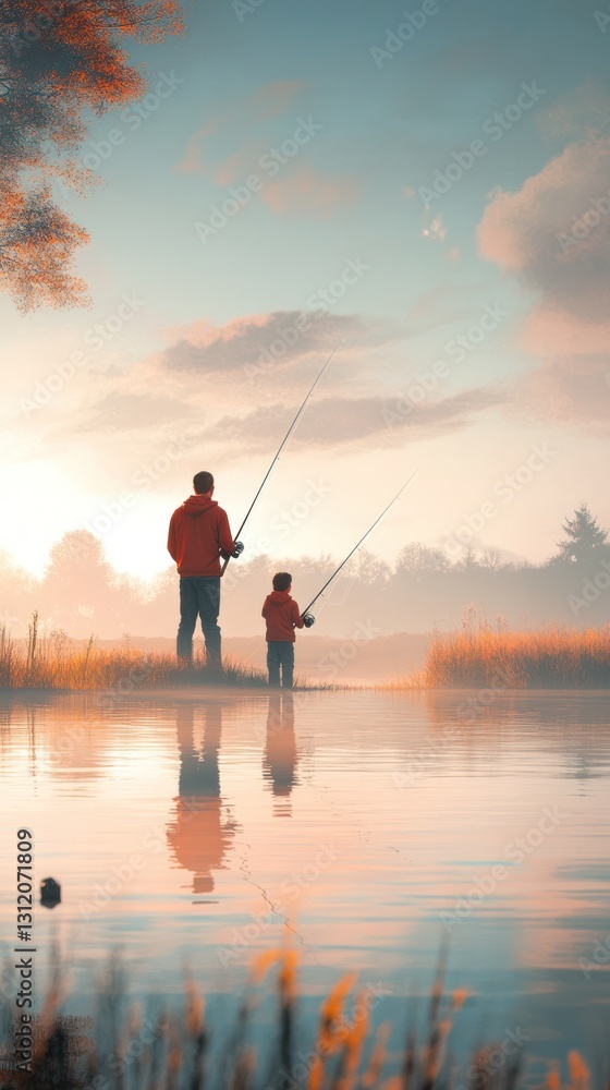 Father and child enjoy fishing together at a quiet lake on Father Day. Vertical. Father and child enjoy fishing together at a quiet lake on Father Day. Vertical.