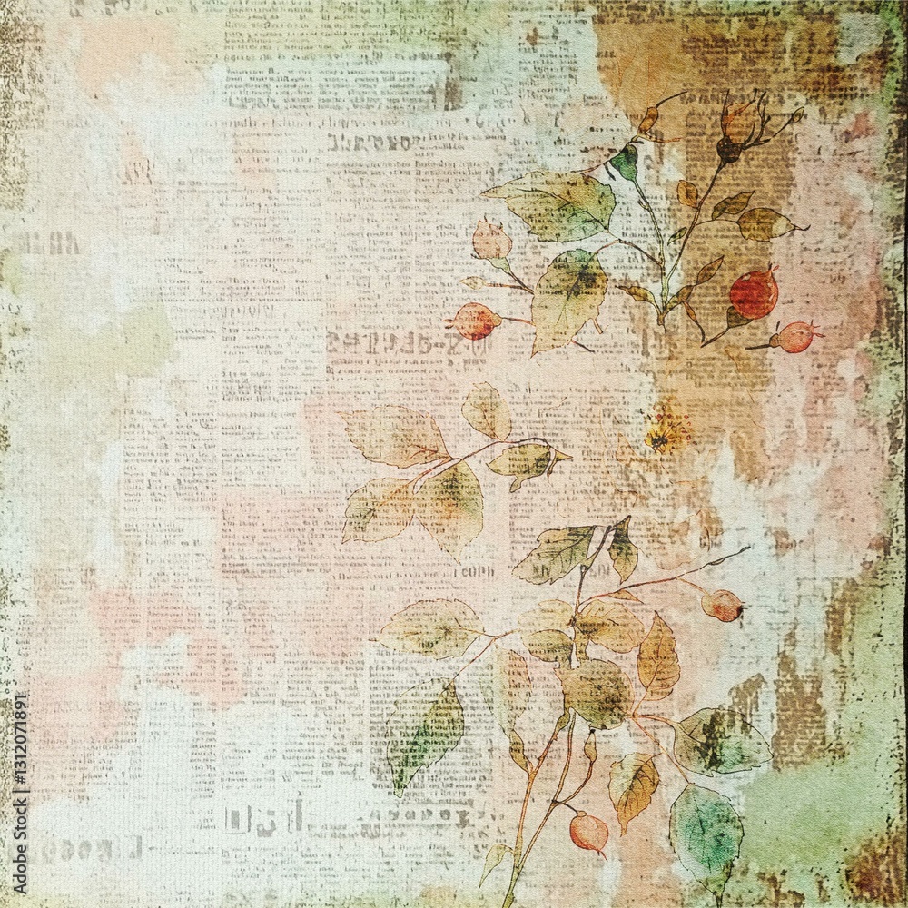 Naklejka premium Vintage Newsprint Scrapbook Paper with Faded Flower on Beige Background