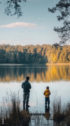 A father takes his child fishing on a serene lake for a Father Day trip. Vertical.