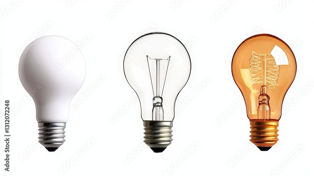 Three light bulbs frosted, clear, and amber, isolated on white. Three light bulbs frosted, clear, and amber, isolated on white.