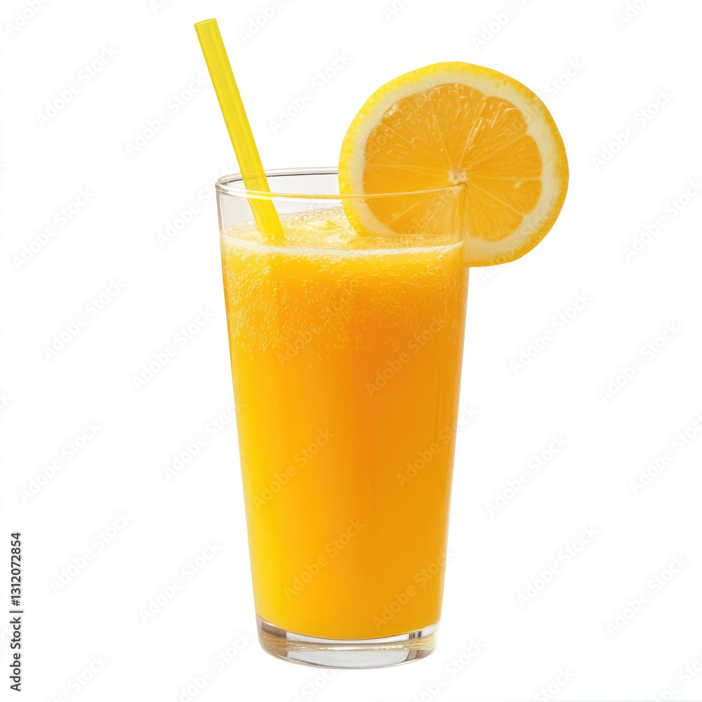 Refreshing orange juice with lemon slice and yellow straw in a glass Refreshing orange juice with lemon slice and yellow straw in a glass
