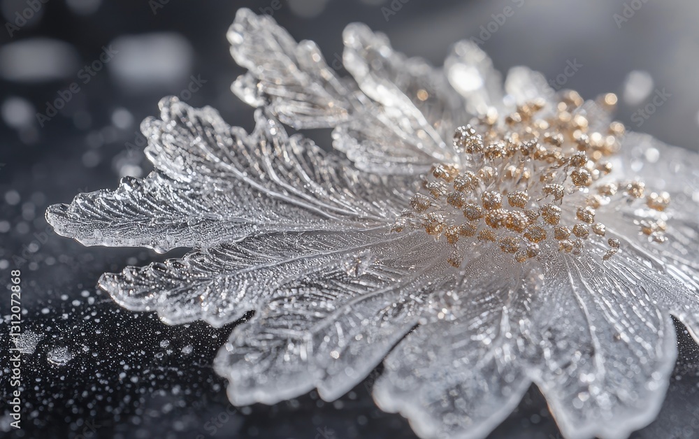 Obraz premium A close-up of a frost-covered leaf, with fine ice crystals glistening in the sunlight, showcasing intricate frozen details