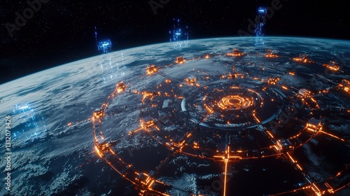 Fototapeta Naklejka Na Ścianę i Meble -  A space station orbiting Earth while glowing satellites connect in a grid.