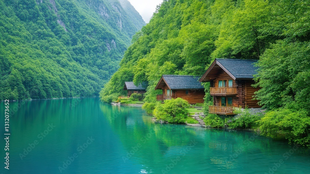 Obraz premium Lakeside Cabins: Nestled along the serene edge of a turquoise lake, charming wooden cabins are surrounded by vibrant, lush greenery and towering mountains.