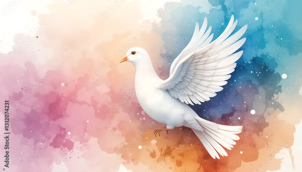 Fototapeta premium A Peaceful White Dove in a Colorful Abstract Sky