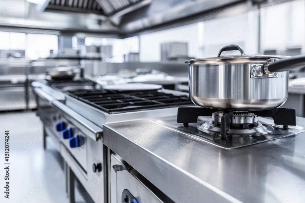 Modern kitchen with stainless steel appliances and a pot on the stove