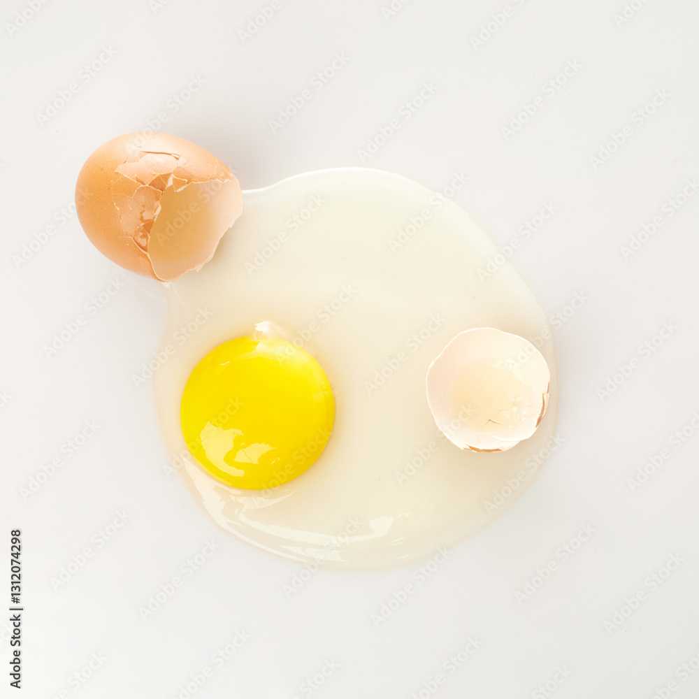 Isolated in White Background, a Raw Egg With a Bright Yolk Surrounded by Broken Eggshells Isolated in White Background, a Raw Egg With a Bright Yolk Surrounded by Broken Eggshells