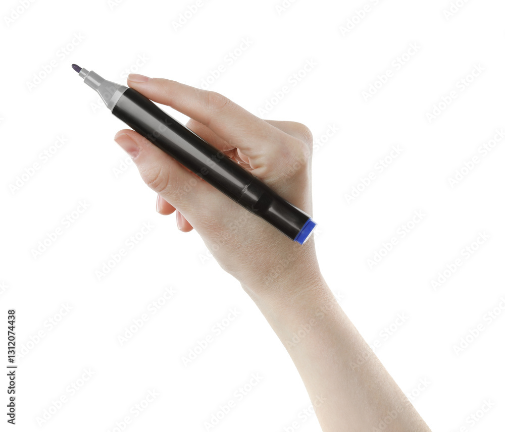 Woman with double sided marker on white background, closeup Woman with double sided marker on white background, closeup