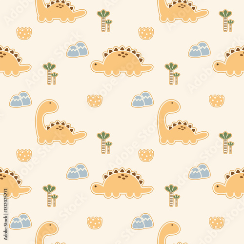 Dinosaur yellow cartoon so cute. On tree mountain eggshell  yellow background. Pattern seamless vector illustration.  