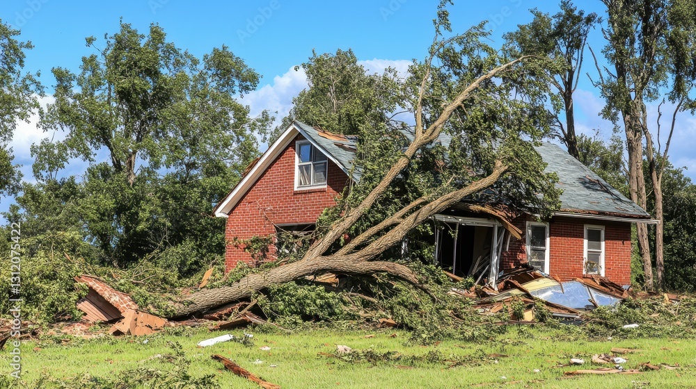 A house has collapsed under the weight of a tree toppled by powerful tornado gusts. A house has collapsed under the weight of a tree toppled by powerful tornado gusts.