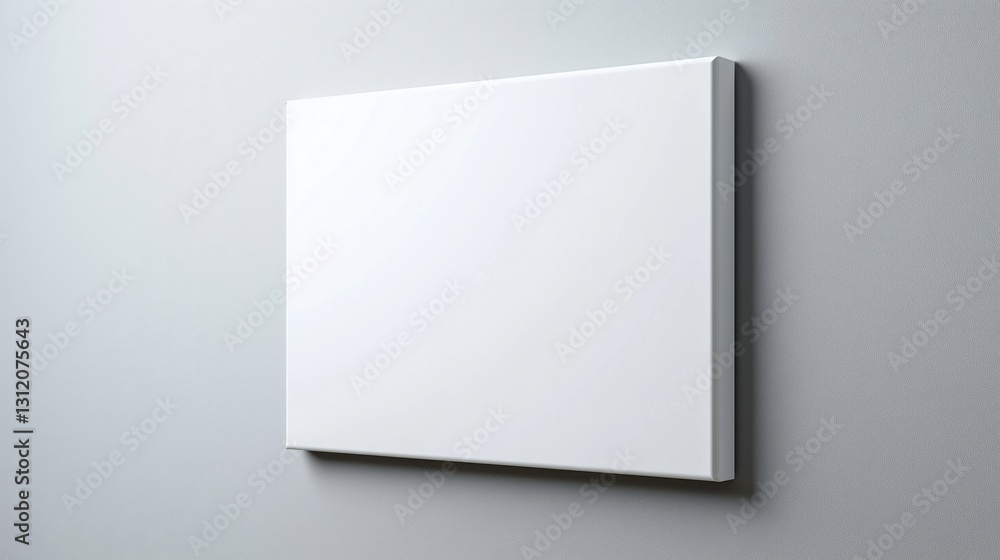 Blank canvas hanging on a light gray wall in a contemporary art space perfect for creative expression. Blank canvas hanging on a light gray wall in a contemporary art space perfect for creative expression.