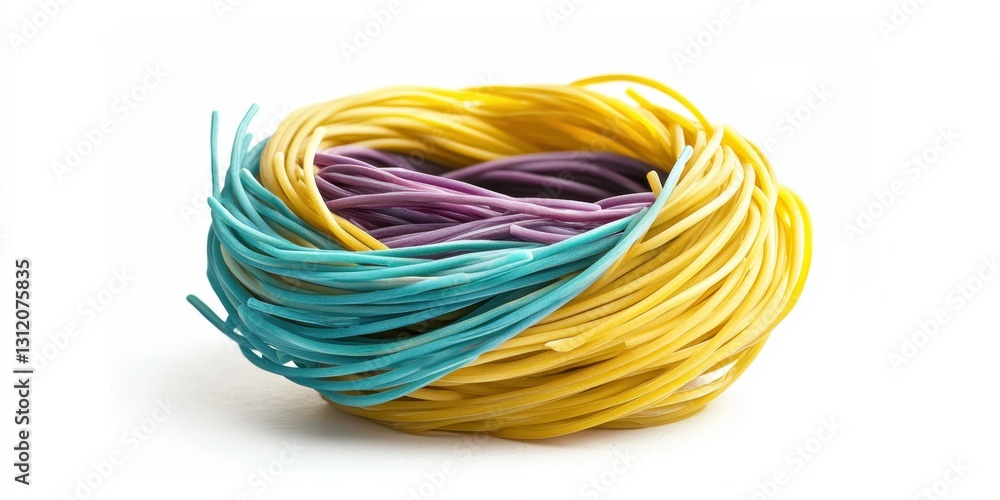 A creative food presentation of multicolored spaghetti twisted into a decorative nest, featuring bright shades of yellow, purple, and teal, isolated on a white background A creative food presentation of multicolored spaghetti twisted into a decorative nest, featuring bright shades of yellow, purple, and teal, isolated on a white background