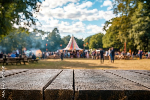Wallpaper Mural Empty wooden table at outdoor festival, blurred background Torontodigital.ca