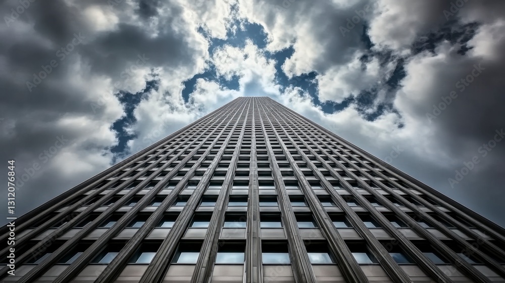 Low angle view of a tall, grey skyscraper reaching towards a dramatic sky filled with dark clouds and hints of blue. The building's repetitive geometric facade is emphasized by the perspective. Low angle view of a tall, grey skyscraper reaching towards a dramatic sky filled with dark clouds and hints of blue. The building's repetitive geometric facade is emphasized by the perspective.