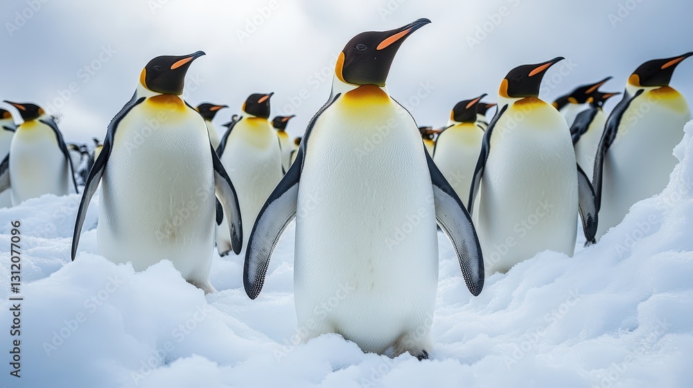 Fototapeta premium A captivating scene of penguins huddled together, heads turned to face left, against pristine snowy terrain — a serene moment frozen in time