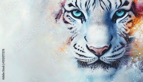 Blue-eyed white tiger portrait, dreamy watercolor style, abstract background
