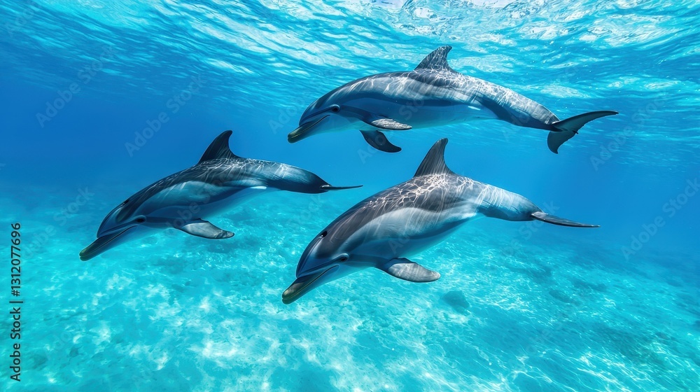 Fototapeta premium A family of dolphins swimming together, their sleek bodies gliding through the clear blue water in perfect harmony